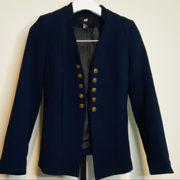 Navy Blue H&M Military Style Blazer with Gold Tone Buttons Size 6